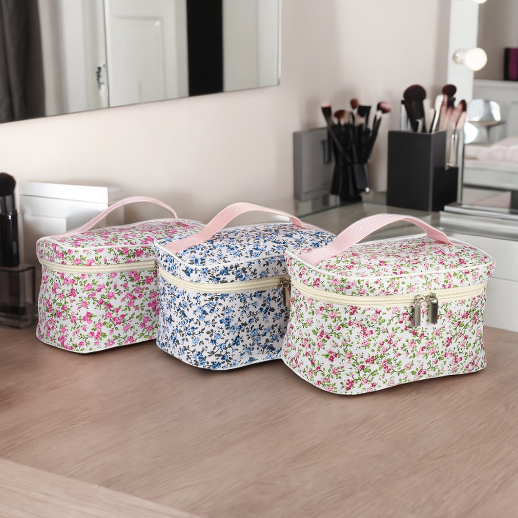 Unique Bargains 1Pc Beautiful Floral Storage Cosmetic Bag for Women's Toiletry Rose Red