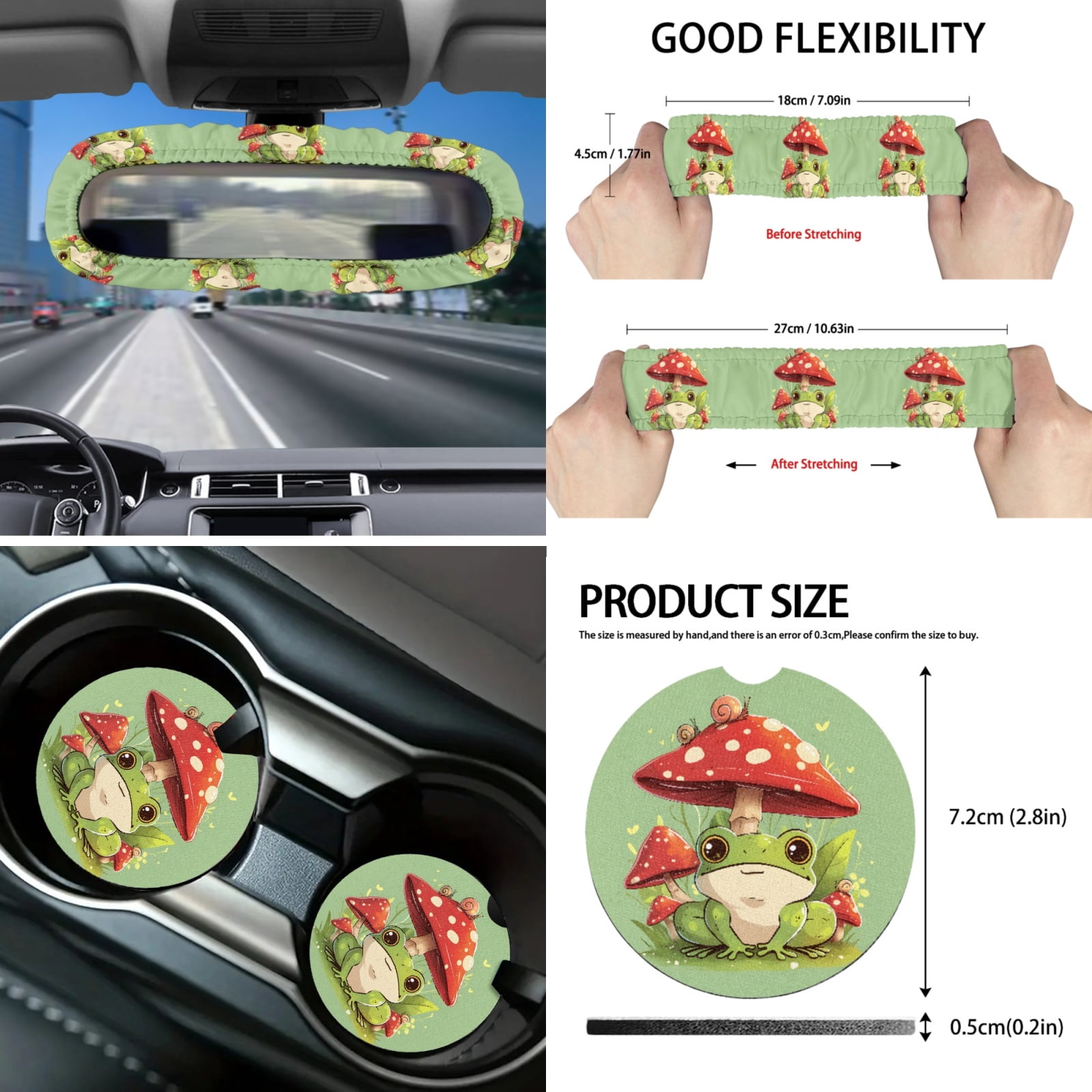 Yuyamidu Cute Frog Auto Seat Cover Set of 16 Mushroom Car Sun Visor Steering Wheel Accessories Seaside Seatbelt Strap Pad Cup Holders Rearview Mirror Cover Keychain Handbrake Gear Shift Knob Cover