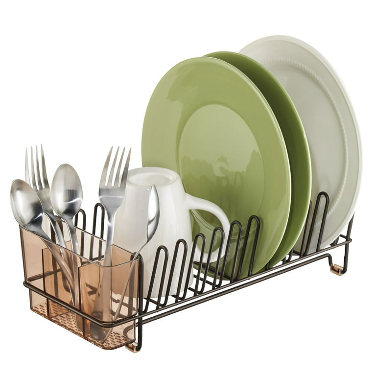 mDesign Steel Compact Modern Dish Drying Rack with Cutlery Tray -  Bronze/Amber