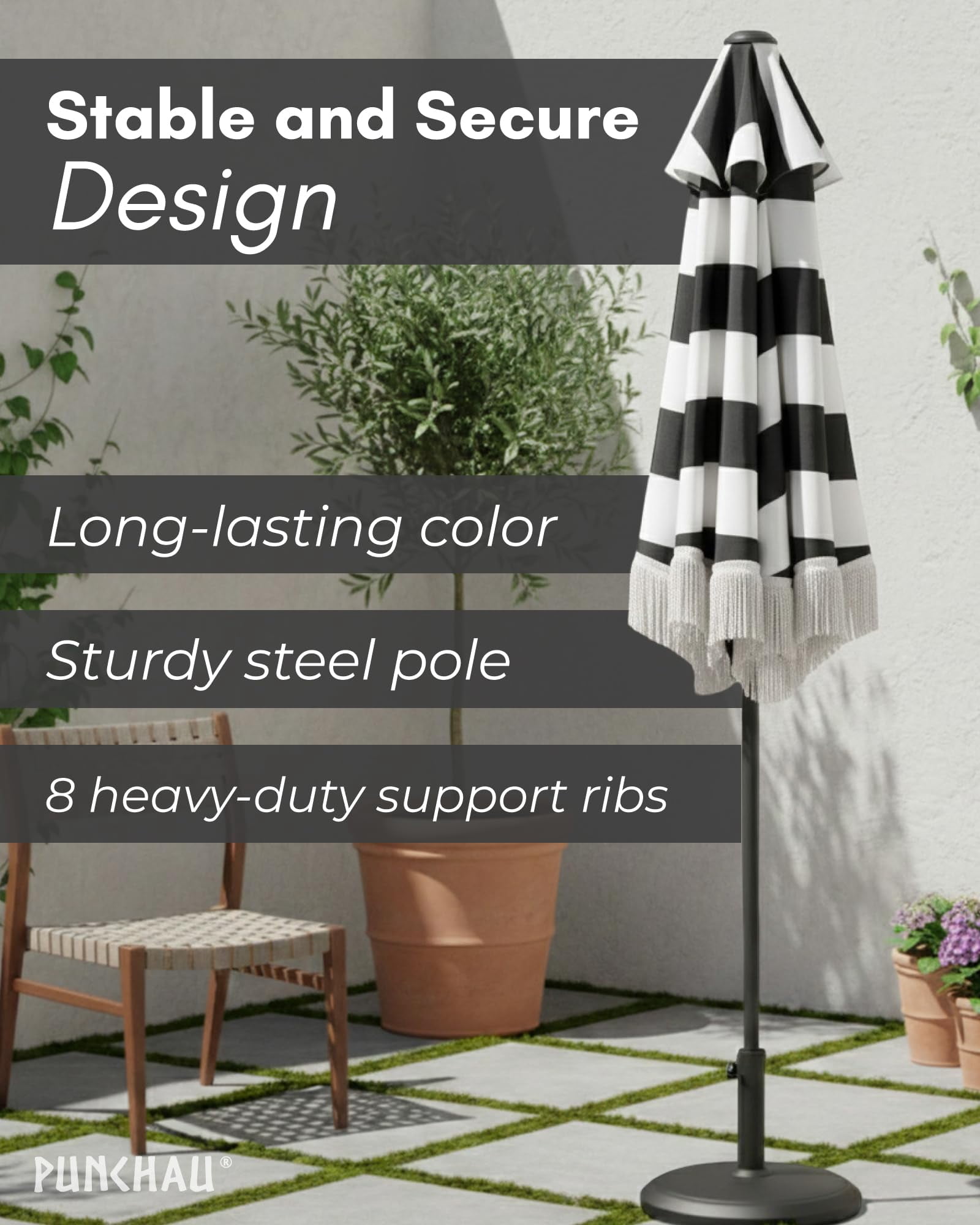 Punchau 6 Ft Black Fringe Patio Umbrella - Outdoor Umbrella for Patio, Pool, Table, Garden, & Deck, Push Button Tilt Pole - Fashionable Vintage Tassels - Striped Fringe
