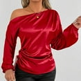 thumbnail image 2 of Aboser Womens Off Shoulder Shirts Trendy Silky Satin Shirt Ruched Long Sleeve Blouses Dressy Casual Party Club Blouse Loose Fits Semi Formal Tops Red L, 2 of 6