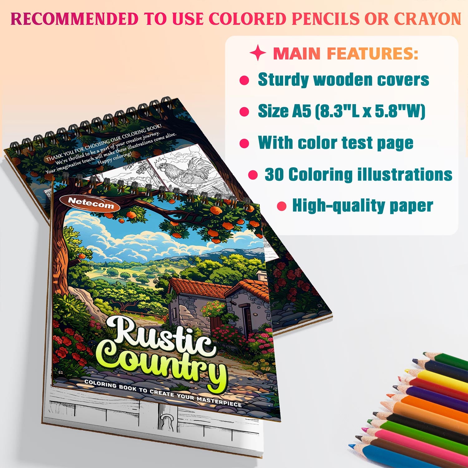 Netecom Rustic Country Coloring Book Spiral Bound for Adults, A5 Wooden Cover, 30 Cozy Coloring Pages of Rural Life for Stress Relief and Relaxation