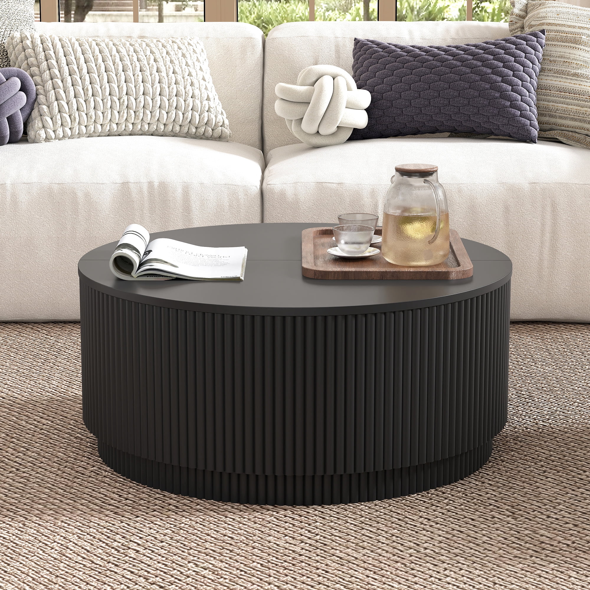 PHOYAL 31.5" Fluted Round Coffee Table with Flip Top and Hidden Compartments Storage for Living Room, Black