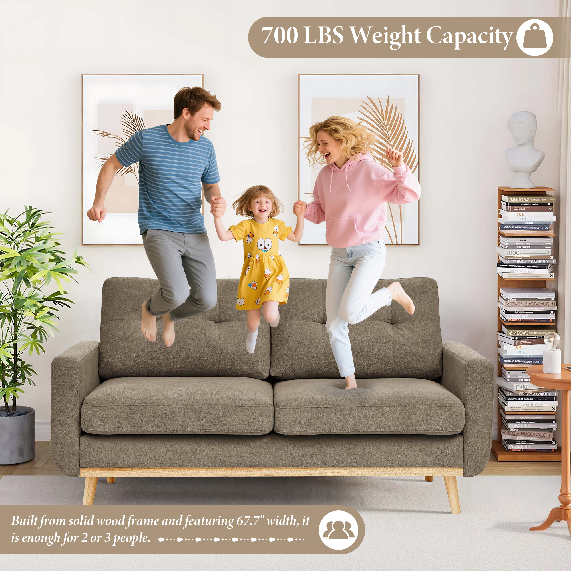 Timbernest 67.7" Loveseat Sofa, Mid-Century Loveseat Couch with Wooden Legs, Khaki Tufted Upholstery