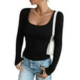 thumbnail image 2 of felwors Women's Ribbed Long Sleeve Scoop Neck Fitted T-Shirt - Basic Casual Slim Fit Stretch Tee for Everyday Wear Black, M, 2 of 6