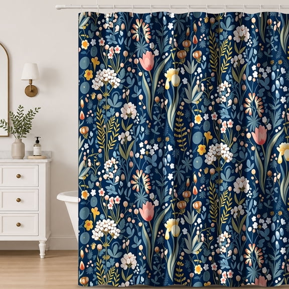Boho Floral Decorative Shower Curtain Navy Blue Wildflower Botanical Print Fabric Bathroom Curtain for Cottage Bathroom Space