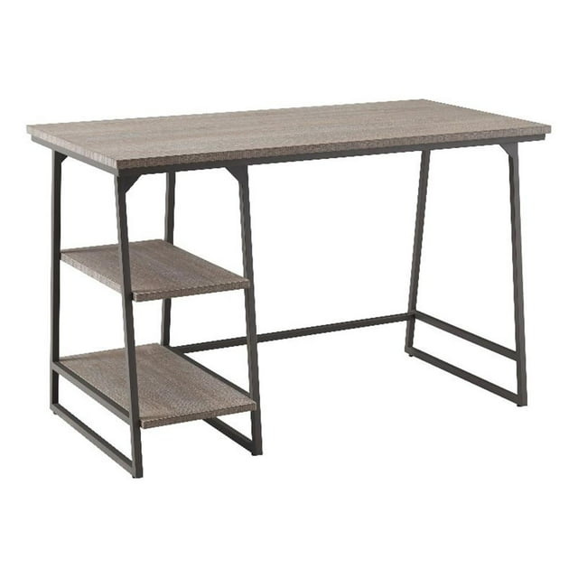 Pemberly Row Wood Reversible Stepped Tier Shelf Desk in Oak/Gunmetal Gray