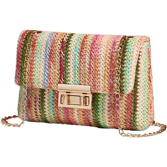 vlrwzc Multi Colored Striped Straw Handbag Casual Summer Shoulder Bag Beach Rainbow Crossbody Weave Messenger Bag for Women