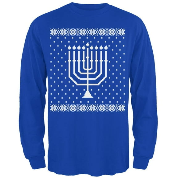 Big Menorah Ugly Hanukkah Sweater Royal Adult Long Sleeve T-Shirt - Small