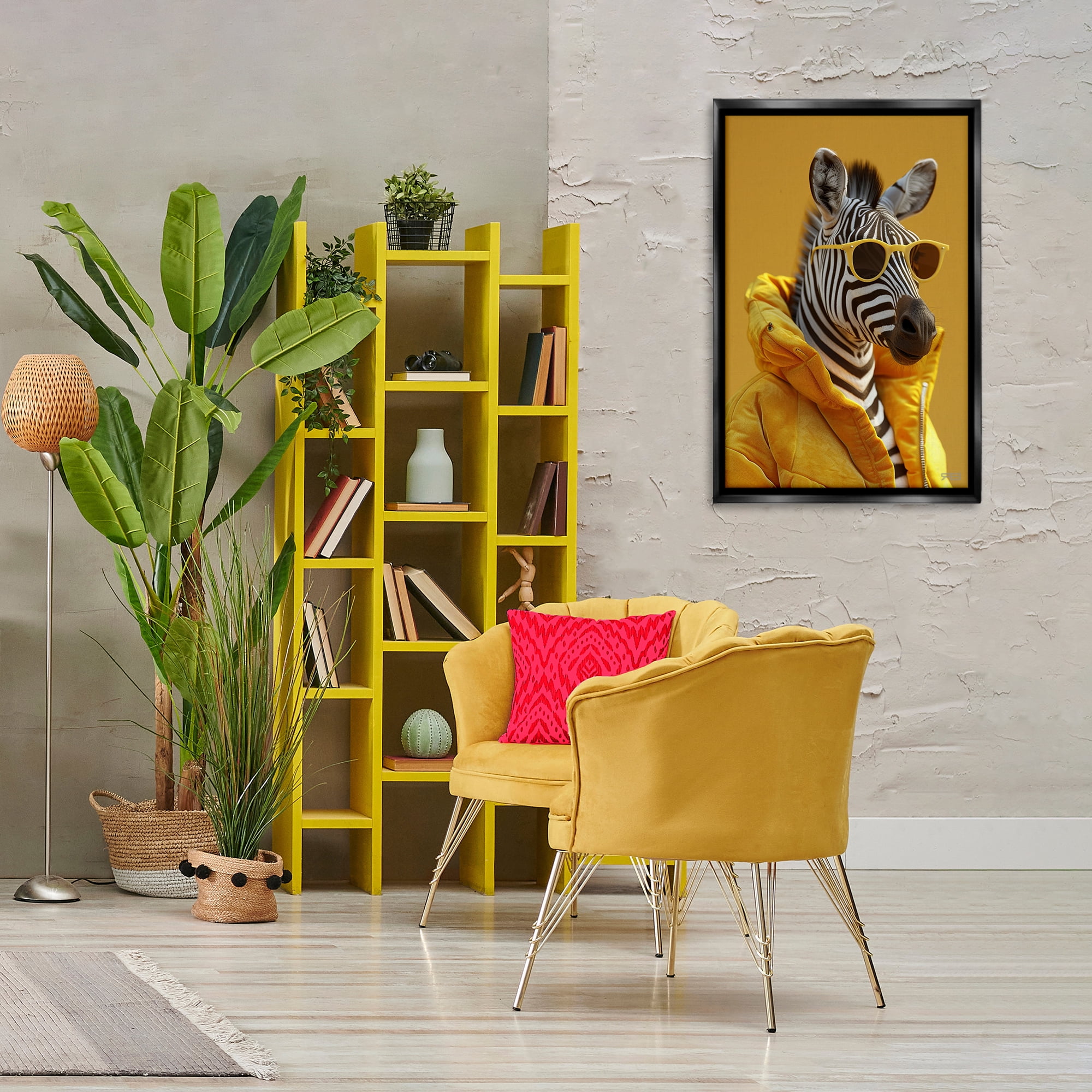 Stupell Industries Bold Zebra in Yellow Animals & Insects Painting Black Floater Framed Canvas Art Print Wall Art, 21 x 31
