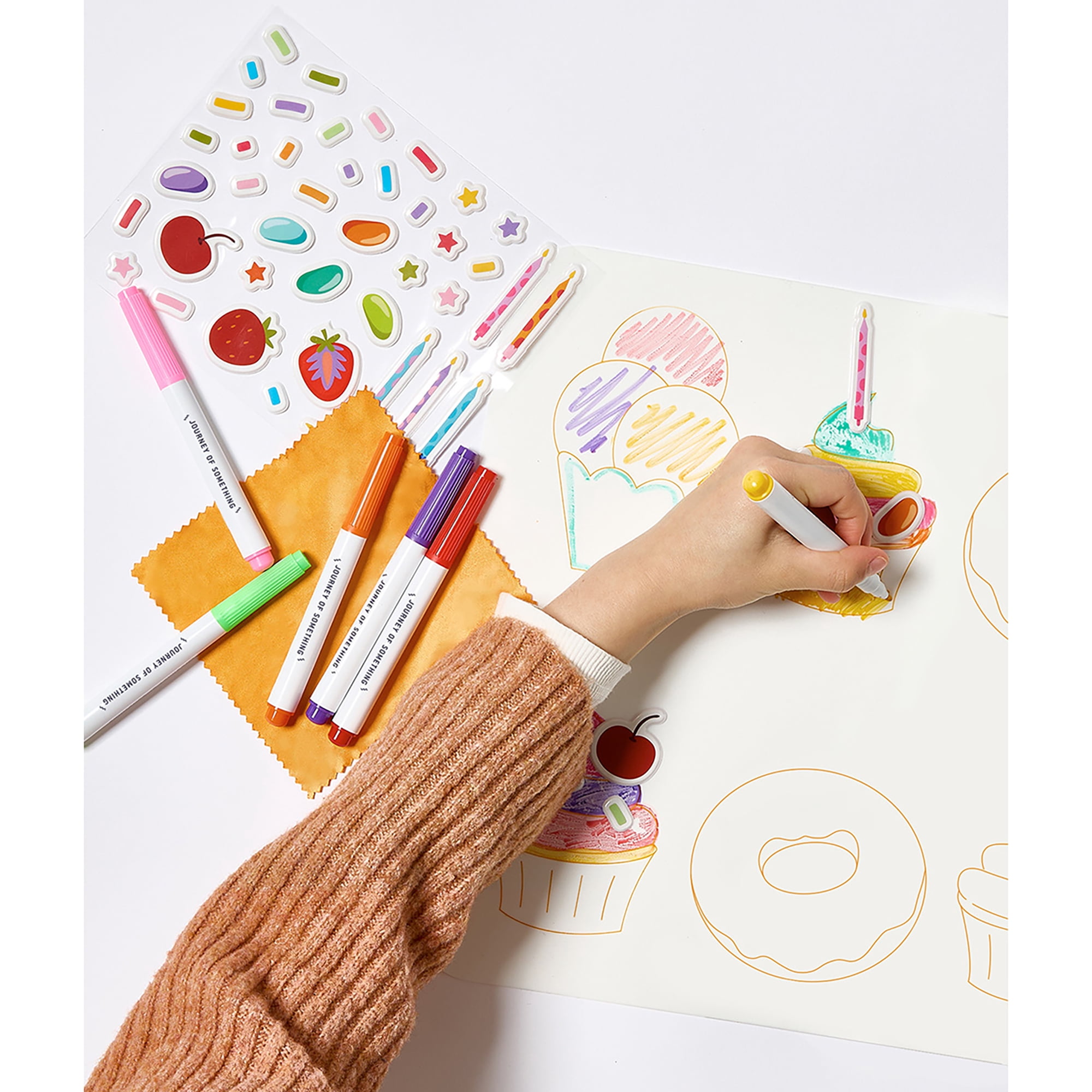 Journey of Something: Wipeable Silicone Mat - Sweet As - Reusable Coloring Kit, Mix & Match Dessert Decorating Stickers, Markers, Carry Pouch, Kids 4+