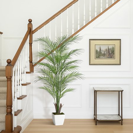 Huisuilinss Artificial Palm Tree Fake Palm Tree Faux Areca Palm Plant With Lifelike Palm Leaves Realistic Trunks Fake Tropical Palm Tree With Trapezoidal Prism White Pot For Indoor Home Office Yard