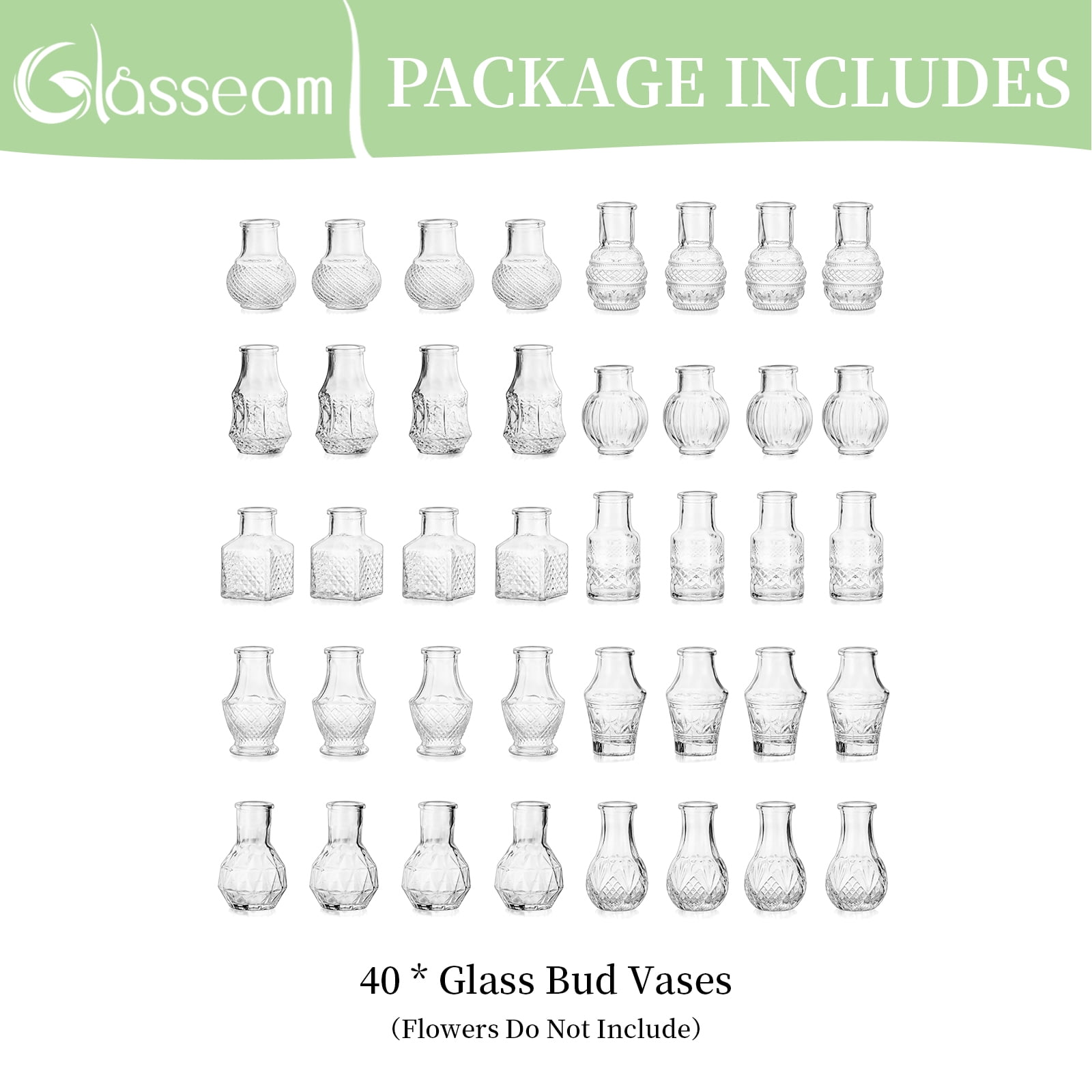 Glasseam Set of 40 Clear Glass Bud Vases: Mini Vintage Flower Vases for Weddings, Centerpieces, and Home Decor, Bulk Pack for Table Settings and Events
