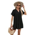 thumbnail image 2 of Women'S Short Sleeve V Neck Ruffle Hem Solid Swing Smock Dress Casual Loose Fit Mini Dress Summer Beach Wear Black XL, 2 of 9