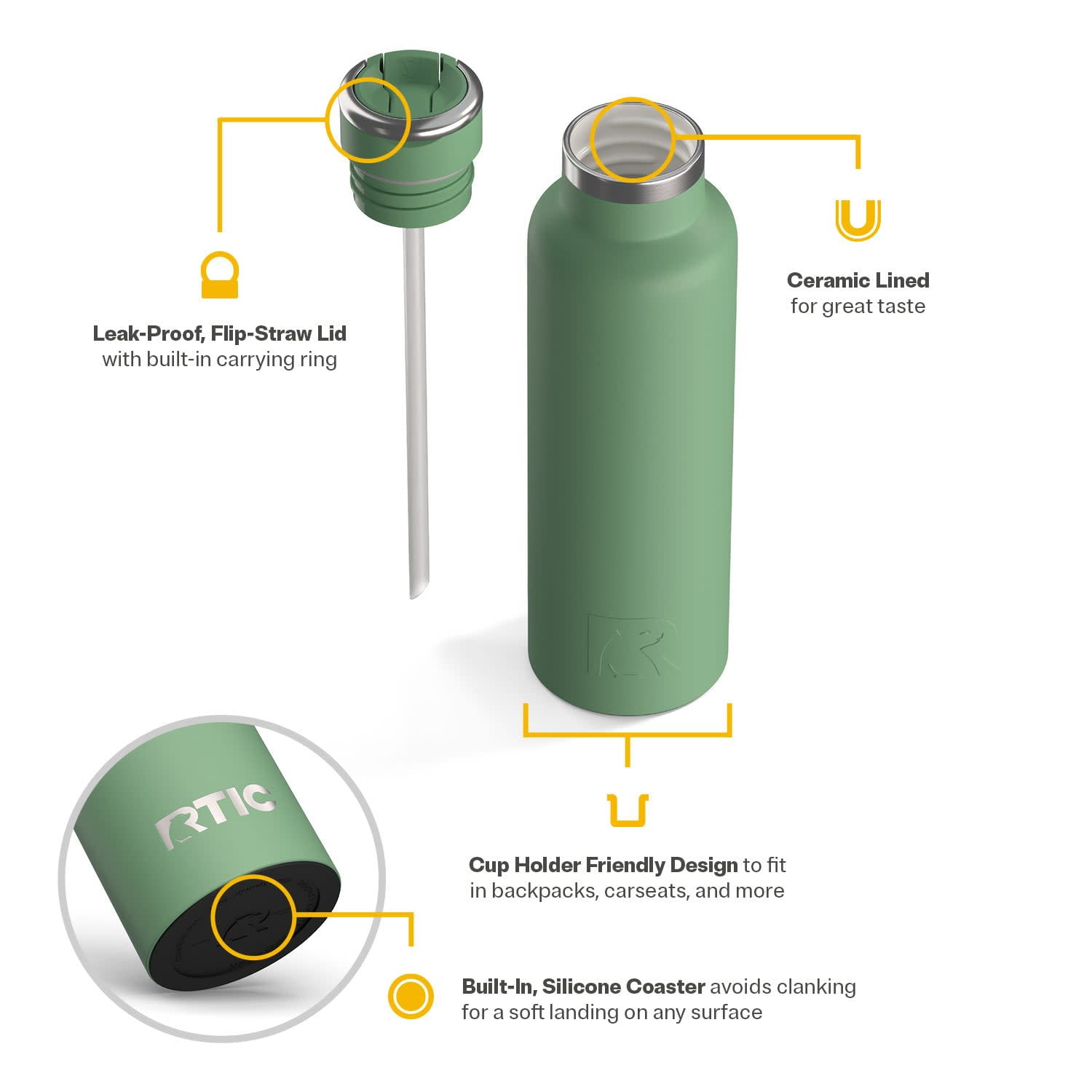 RTIC 20 oz Ceramic Lined Insulated Journey Water Bottle, Leak-Proof Lid, Sage