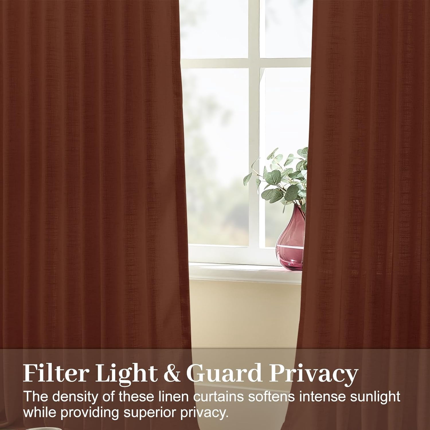 Galenzoov 40×84 inch 2 Panels Pinch Pleated Linen Curtains for Home, Light Filtering Airy & Privacy Protection Breathable Window Drapes for Bedroom, Living room, Office, Chestnut Brown