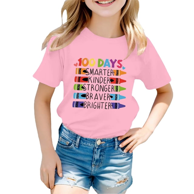 T-shirts Filles Retour à l'École Imprimé Col Rond Manches Courtes Décontractées Hauts Filles Rose 4-5 Ans