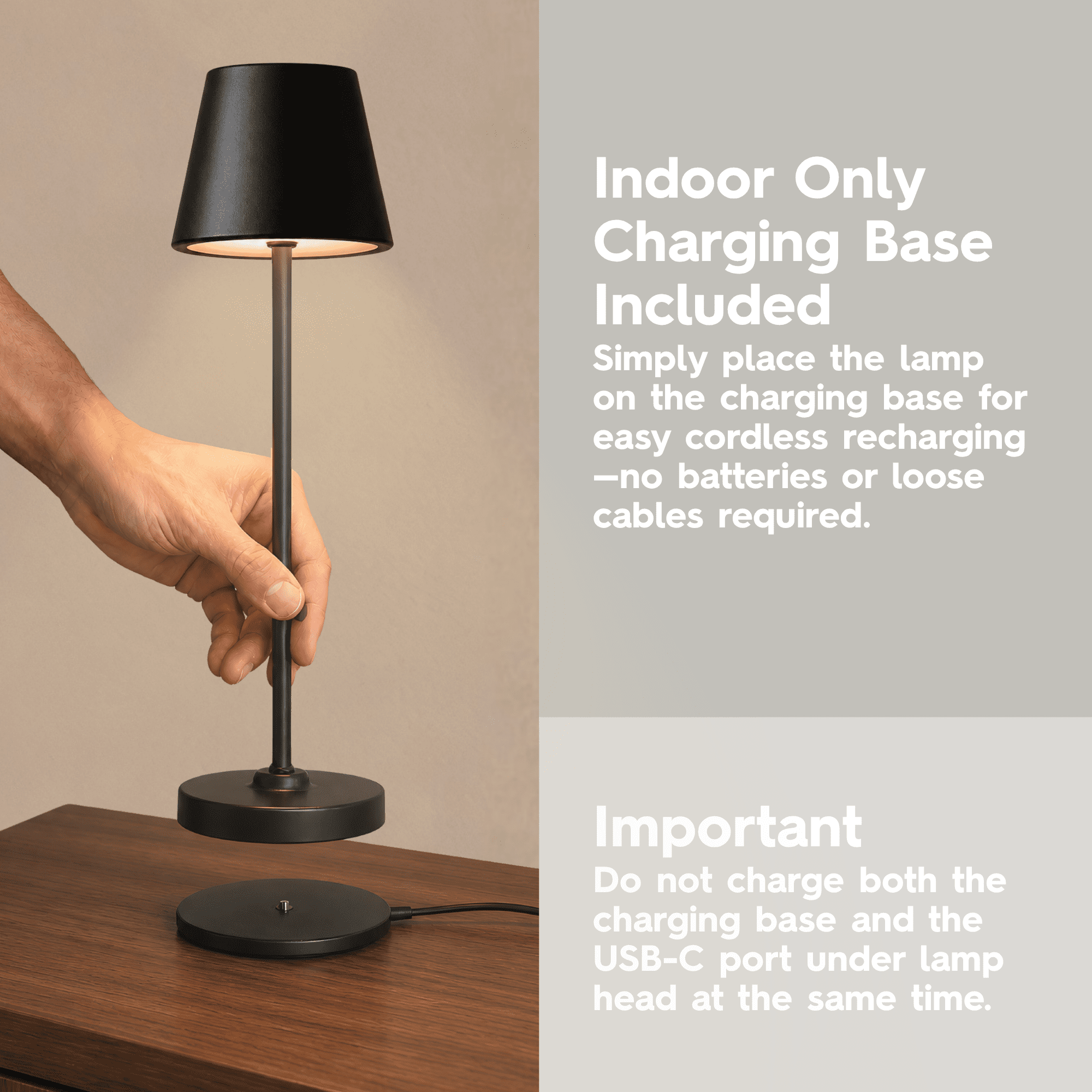 Better Homes & Gardens 14 Inch Rechargeable Color-Changing Table Lamp, Black, Indoor/Outdoor, Indoor-Only Charging Base