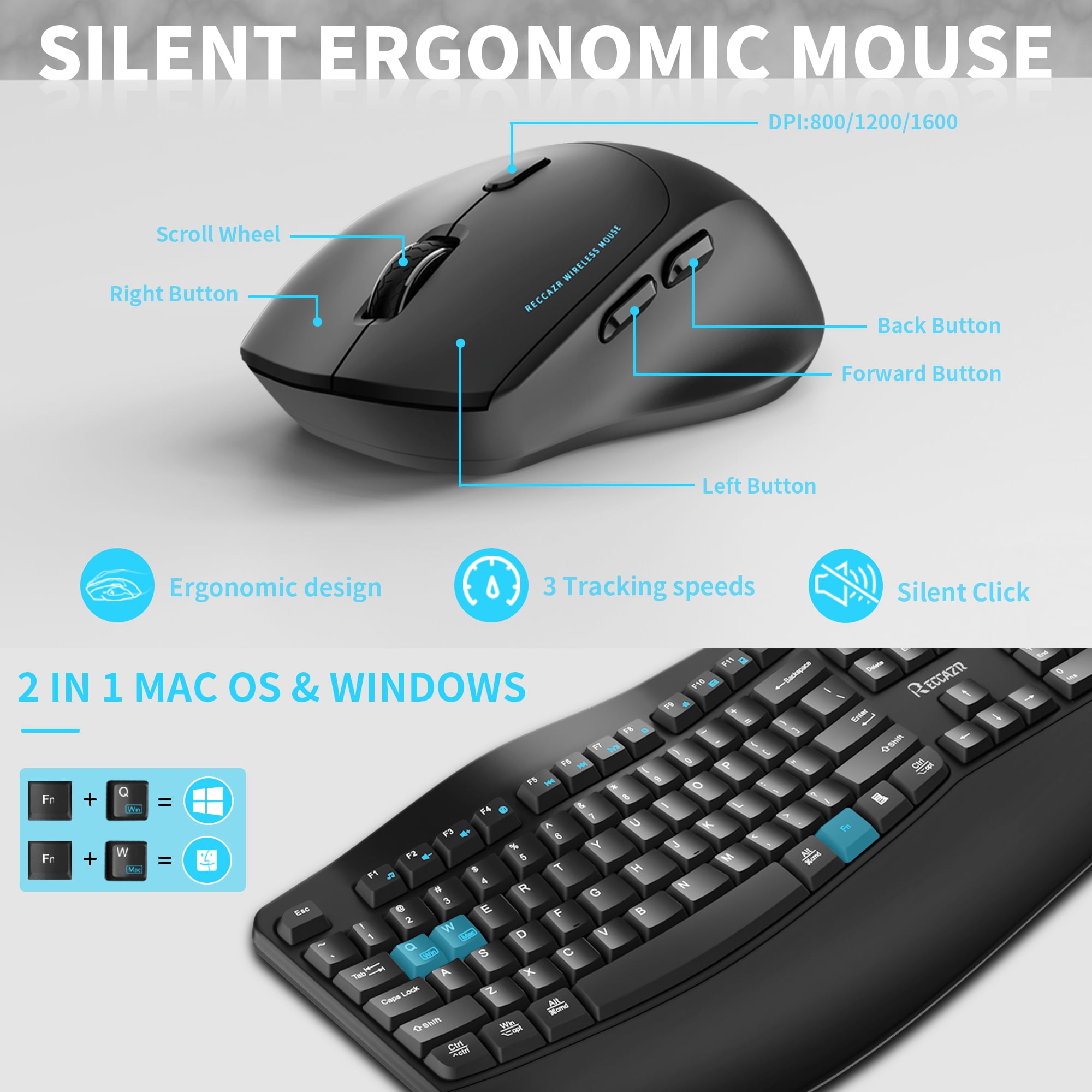 Wireless Keyboard and Mouse Combo,2.4G Full Size Wave Keys Ergonomic Keyboard with Wrist Rest for Natural Typing, 3 DPI Adjustable Ergonomic Silent Mouse for Computer/Laptop/Windows/Mac (Black)