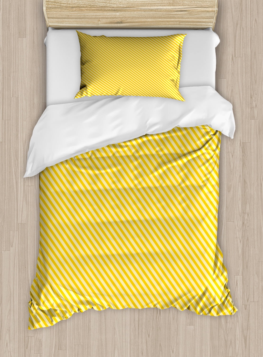 Vintage Yellow Duvet Cover Set Twin Size, Diagonally Striped Simplistic