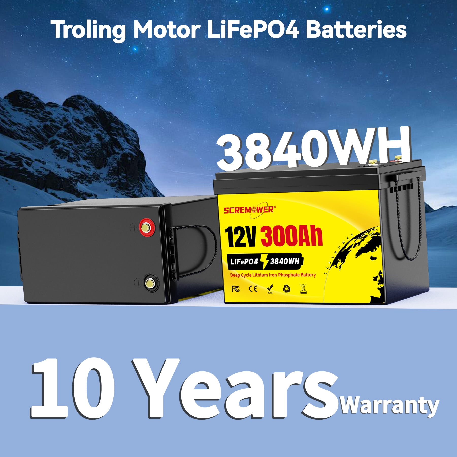 12V 300Ah LiFePO4 Battery, 200A BMS for 120lb Trolling Motor, Boat, Solar, Off-Grid,3840W Deep Cycles Lithium RV Batteries