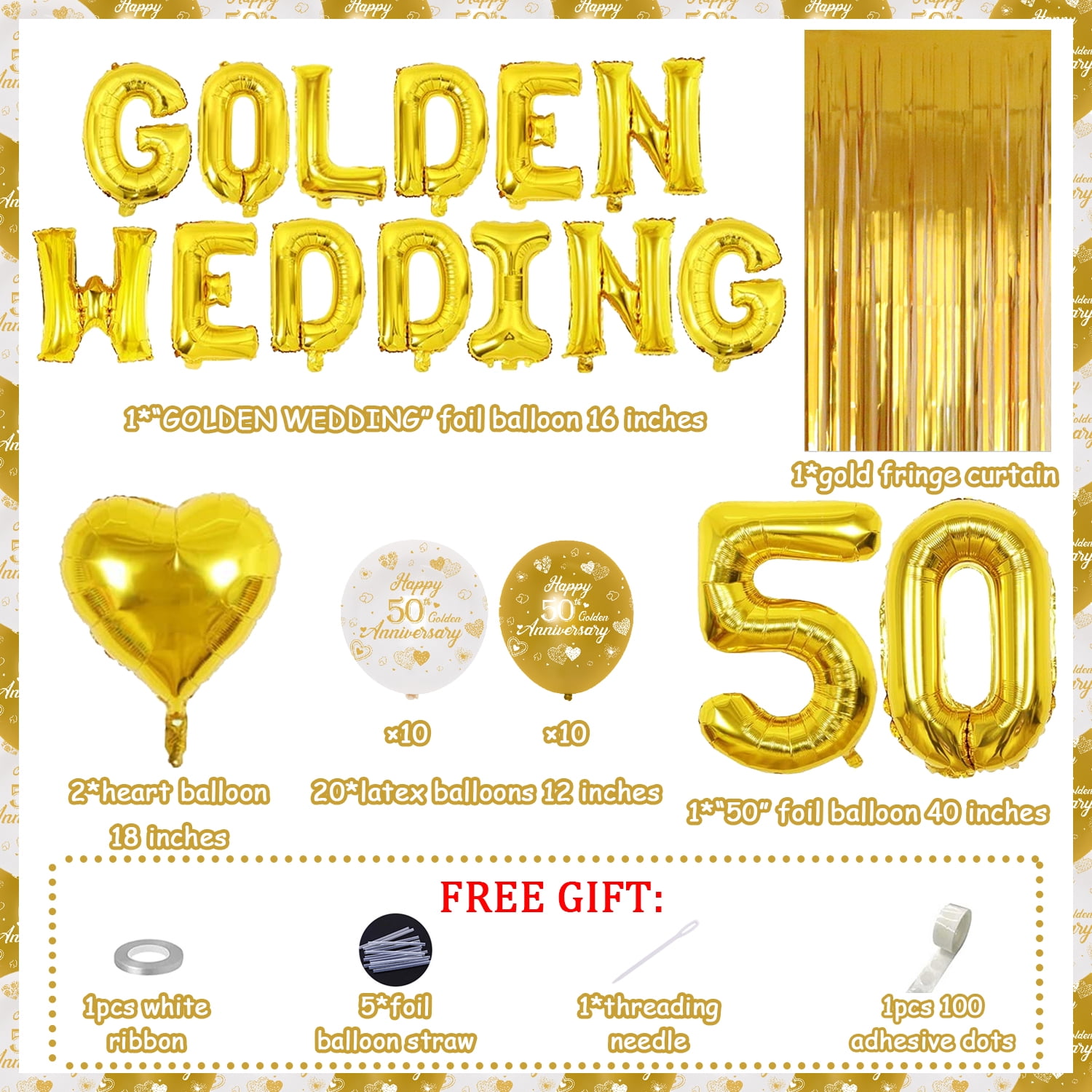 50th Anniversary Party Decoration Supplies, Golden Wedding Decorations, Golden Wedding Foil Balloons Banner Number 50 Set, for 50th Wedding Anniversary Party Decor