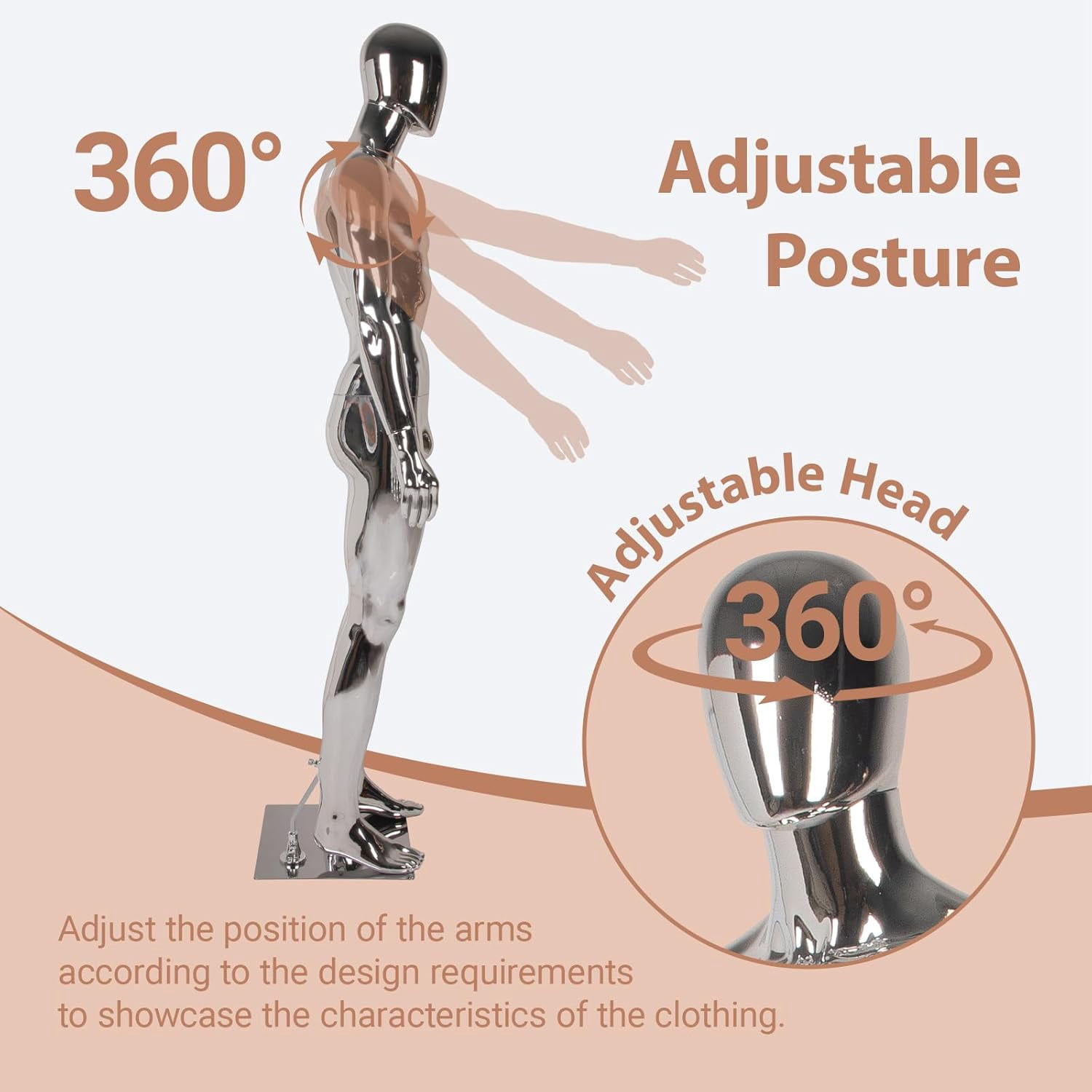 Kinbor 6Ft Silver Full Body Male Mannequin - Tall Male Mannequin with Stable Metal Base Dress Form Display with Adjustable Head and Arms, Detachable Manikins