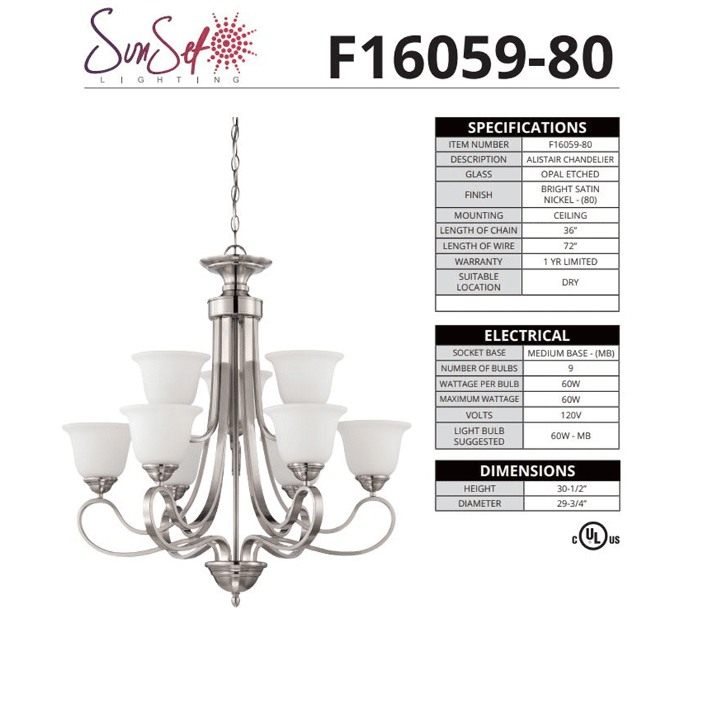 Sunset 9 Lights 2 Tiers Chandelier Bright Satin Nickel F16059-80