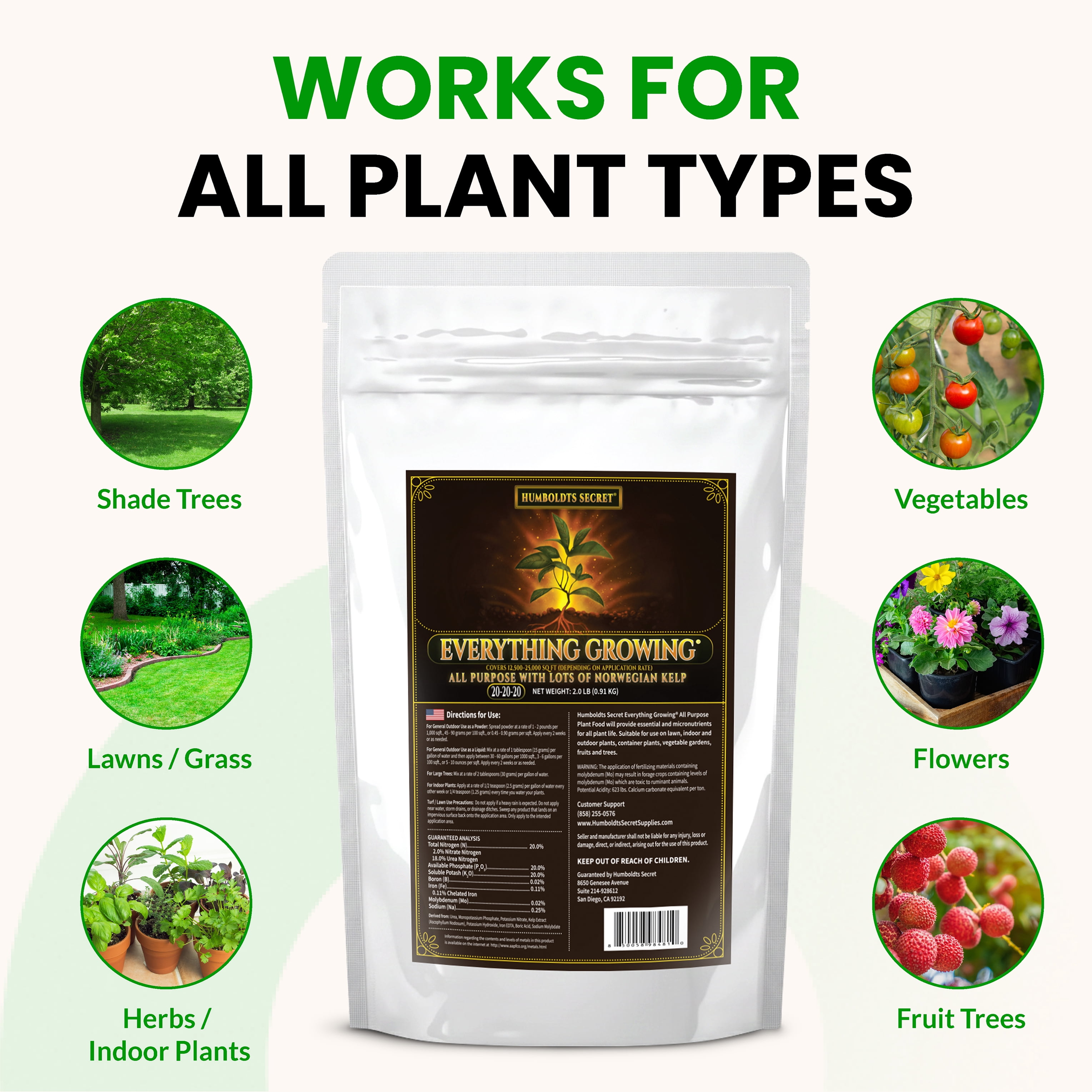 Humboldts Secret Everything Growing 20-20-20 Fertilizer - All Purpose Water Soluble Plant Food - Balanced NPK with Norwegian Kelp - For Lawns Gardens, Vegetables, Flowers & Indoor Plants - 2 lb