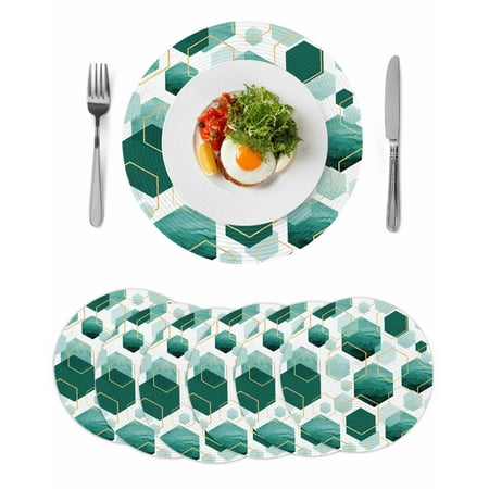 Turquoise Marble Round 13 Inch Placemats Set of 6 Gold White Geometric Hexagon Modern HeatResistant Non Slip Place Mats for Dining Table Wipeable Braided Kitchen Table Mats for Housewarming