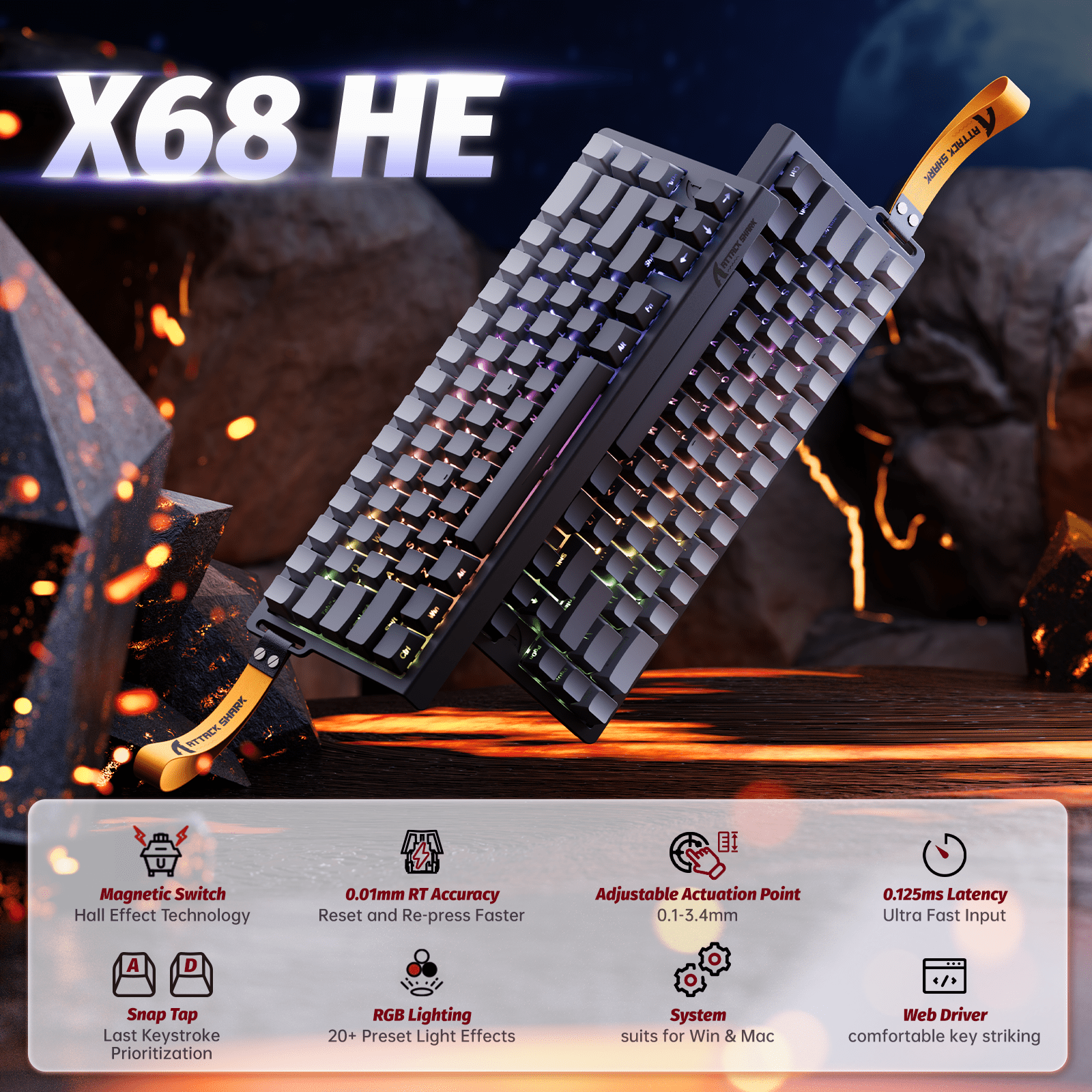 ATTACK SHARK X68 HE 8000Hz Rapid Trigger Keyboard, 0.01mm RT Accuracy Wired Gaming Keyboard with Magnetic Switch, Adjustable Actuation, Rapid Trigger, Snap Tap, RGB Lighting for PC/Mac, Moonlight