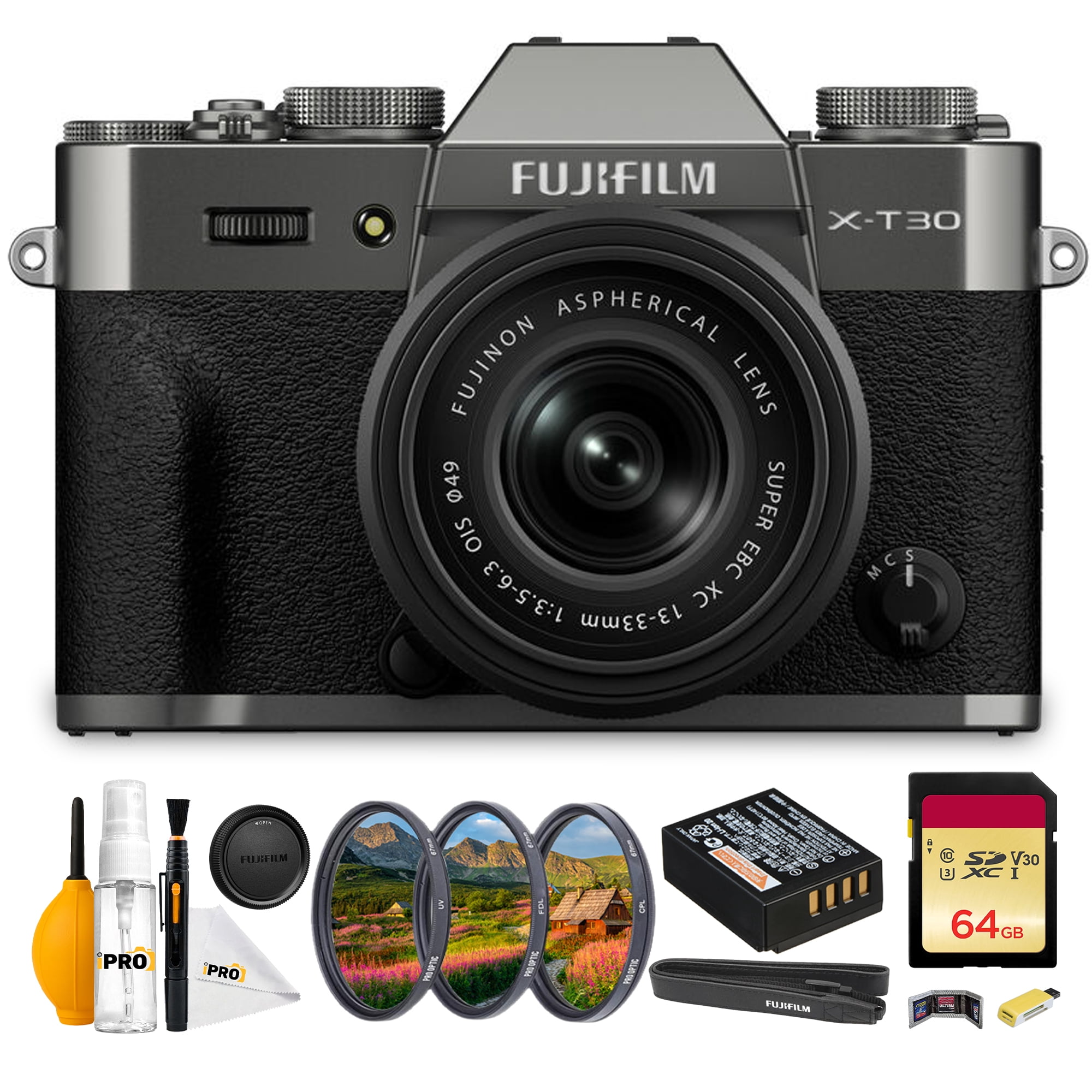 FUJIFILM X-T30 III Mirrorless Camera with 13-33mm f/3.5-6.3 Lens (Charcoal Silver) Bundle With Lens Filter Kit UV/CPL/F 49mm + 64GB Memory Card + Memory Card Wallet + Cleaning Kit