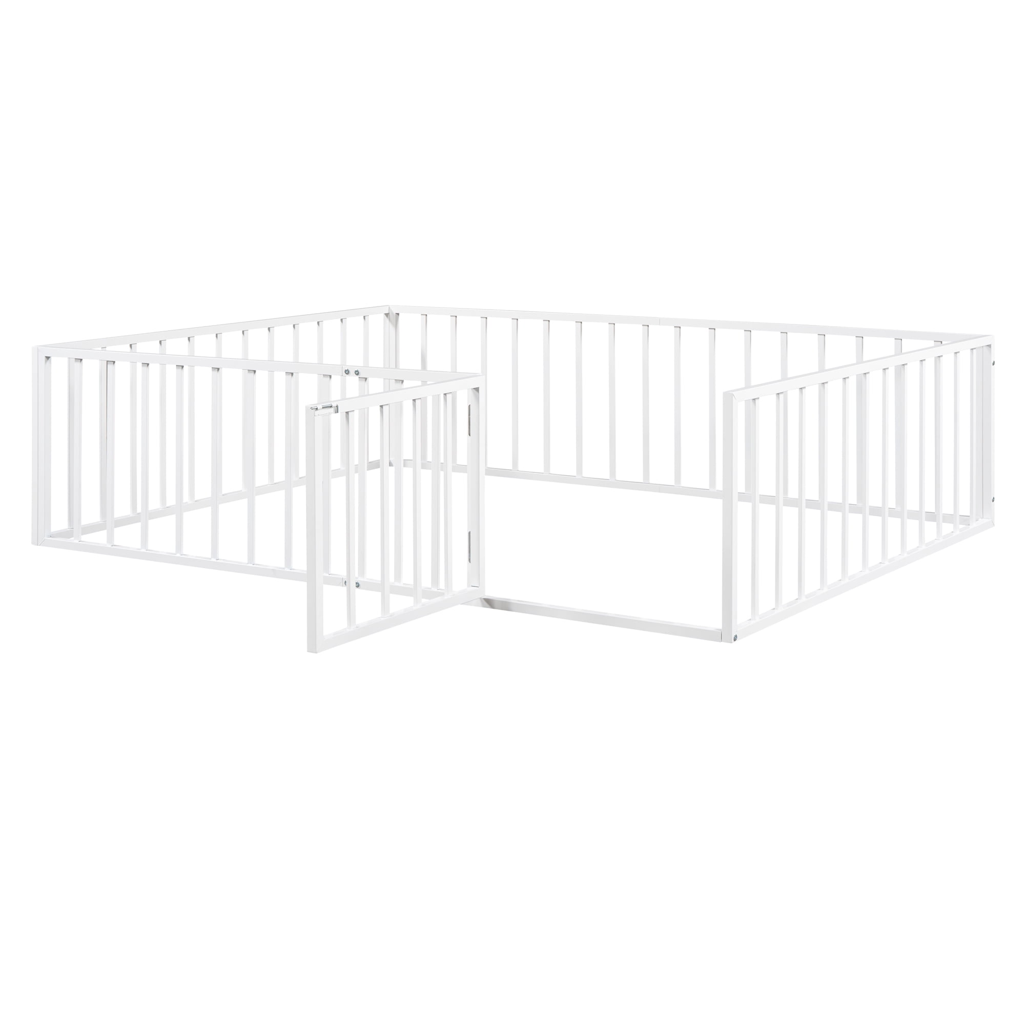 Gewnee Queen Size Toddler Bed, Metal Floor Bed Frame with Fence and Door,White