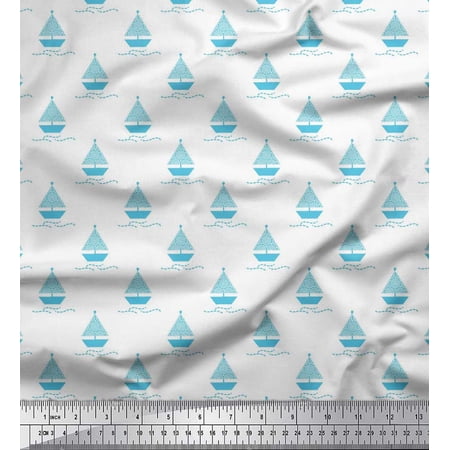 Soimoi Georgette Viscose Fabric Yacht & Waves Nautical Printed Craft Fabric by the Yard 42 Inch Wide