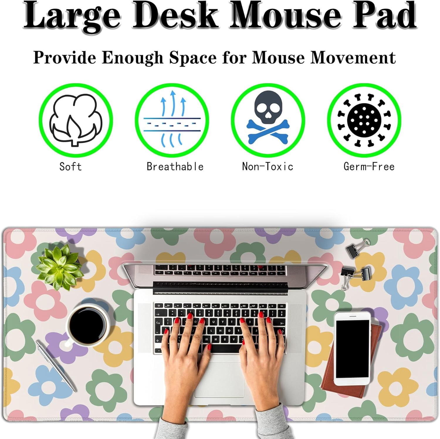 Computer Mat Jumbo Mouse Pad Extra Large Mouse Pads Desk Pad for Woman Gaming Mousepads Modern Desk Pad Non-Slip Rubber Base 35.4" X 15.7" for Game Office, Colorful Groovy Flowers