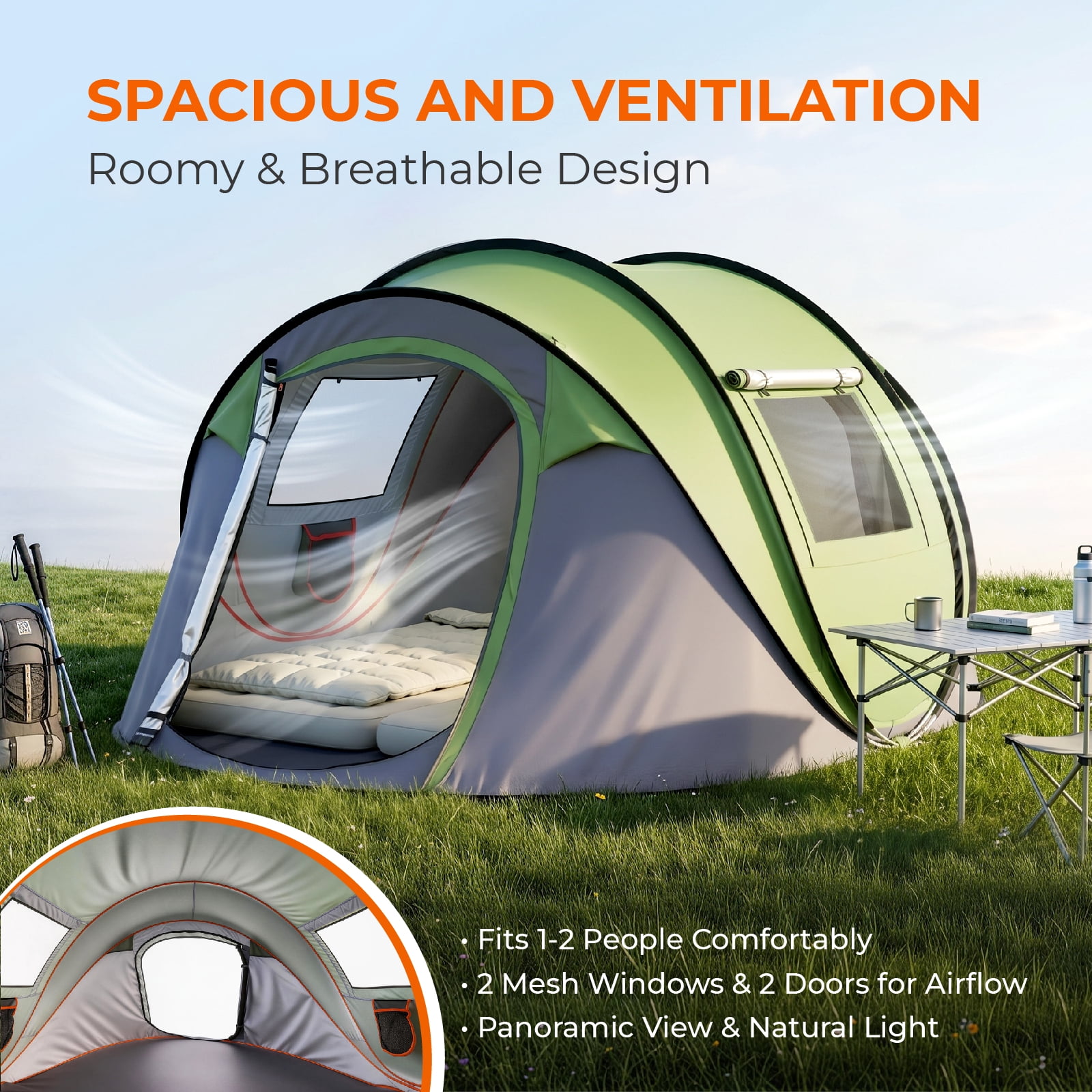 4 Person Pop Up Tent for Camping, Waterproof Instant Family Tent with Front Awning, Automatic Tent Throw Pop Up Instant Flip Pop Tent for Camping, Green