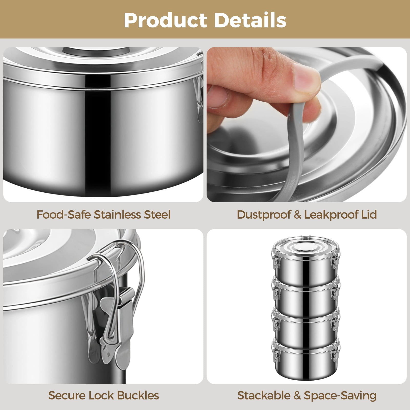 4 PCS Stainless Steel Bento Box, 22 oz Leakproof Food Containers with Locking Clips & Silicone Seal, Reusable Metal Food Storage Box for Work Picnic Travel