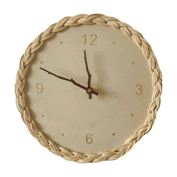 SDNall Horloge Numérique Circulaire en Bois, Horloge Murale Silencieuse pour la Déco de la Maison, Design Tressé en Rotin, Suspension Murale Décorative pour Salon Ou Gîte