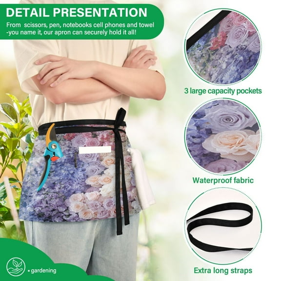 YAZAOO Aprons with Pockets for Server Aprons with 3 Pockets Water Resistant Half Waist Apron Colorful Floral Arrangement Painting