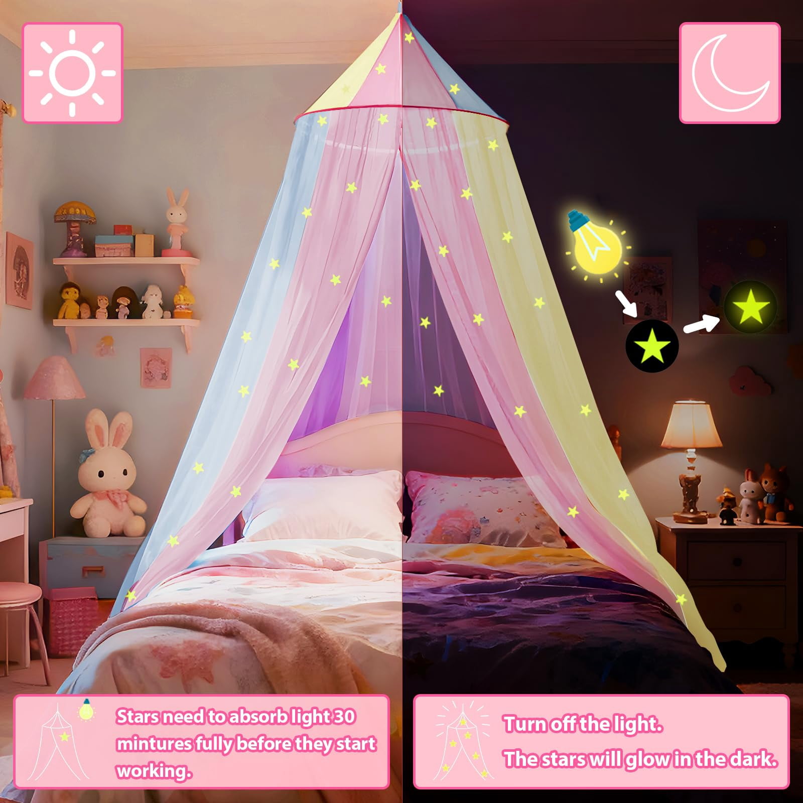 Rainbow Bed For With Glowing Stars  Colorful Princess Curtains Full And Queen Sizes Mosquito Netting Ceiling Tent Bedroom Decor
