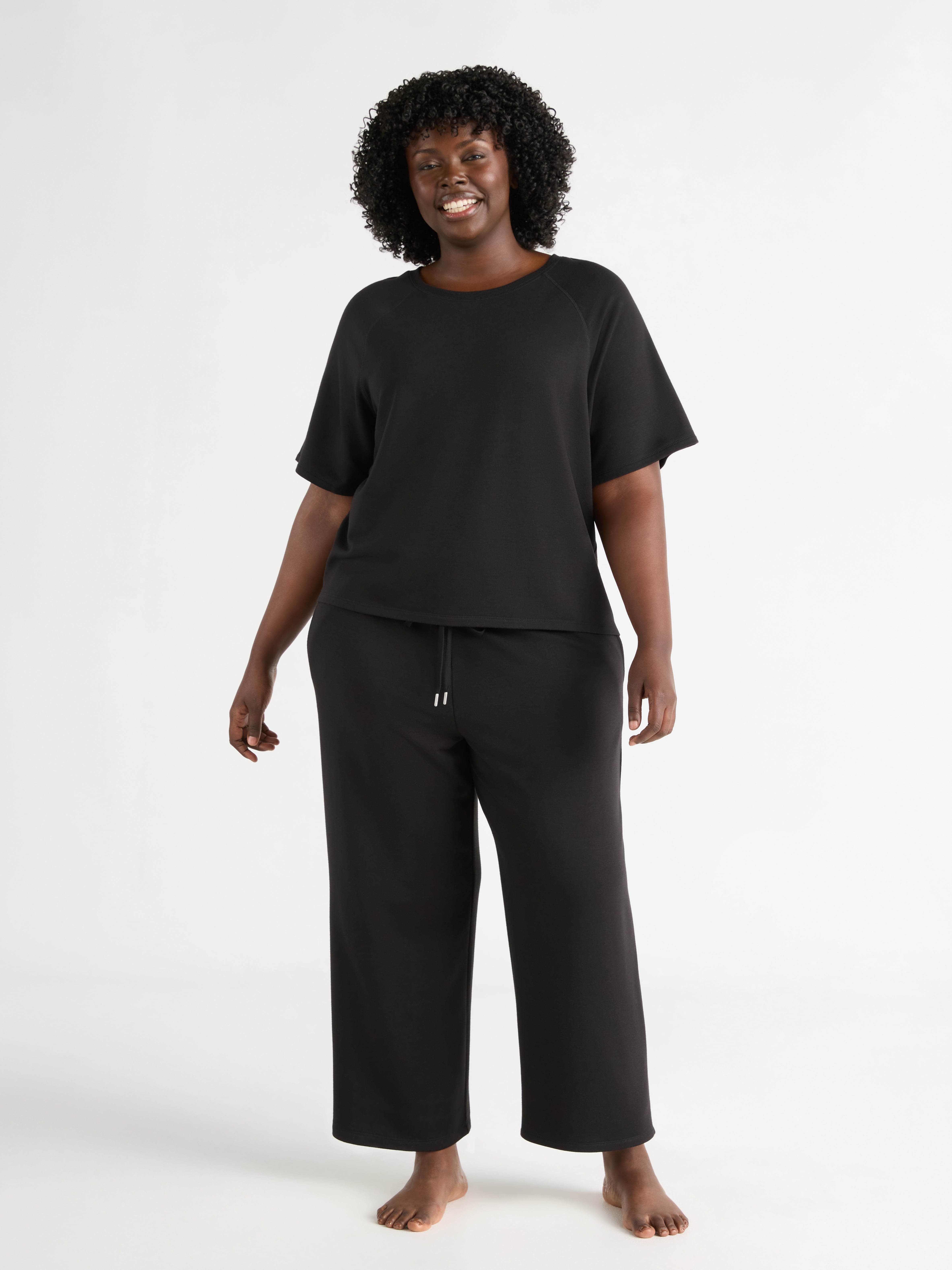 Joyspun Women's French Terry Short Sleeve Top and Capri Pants Pajama Set, 2-Piece, Sizes XS-3X