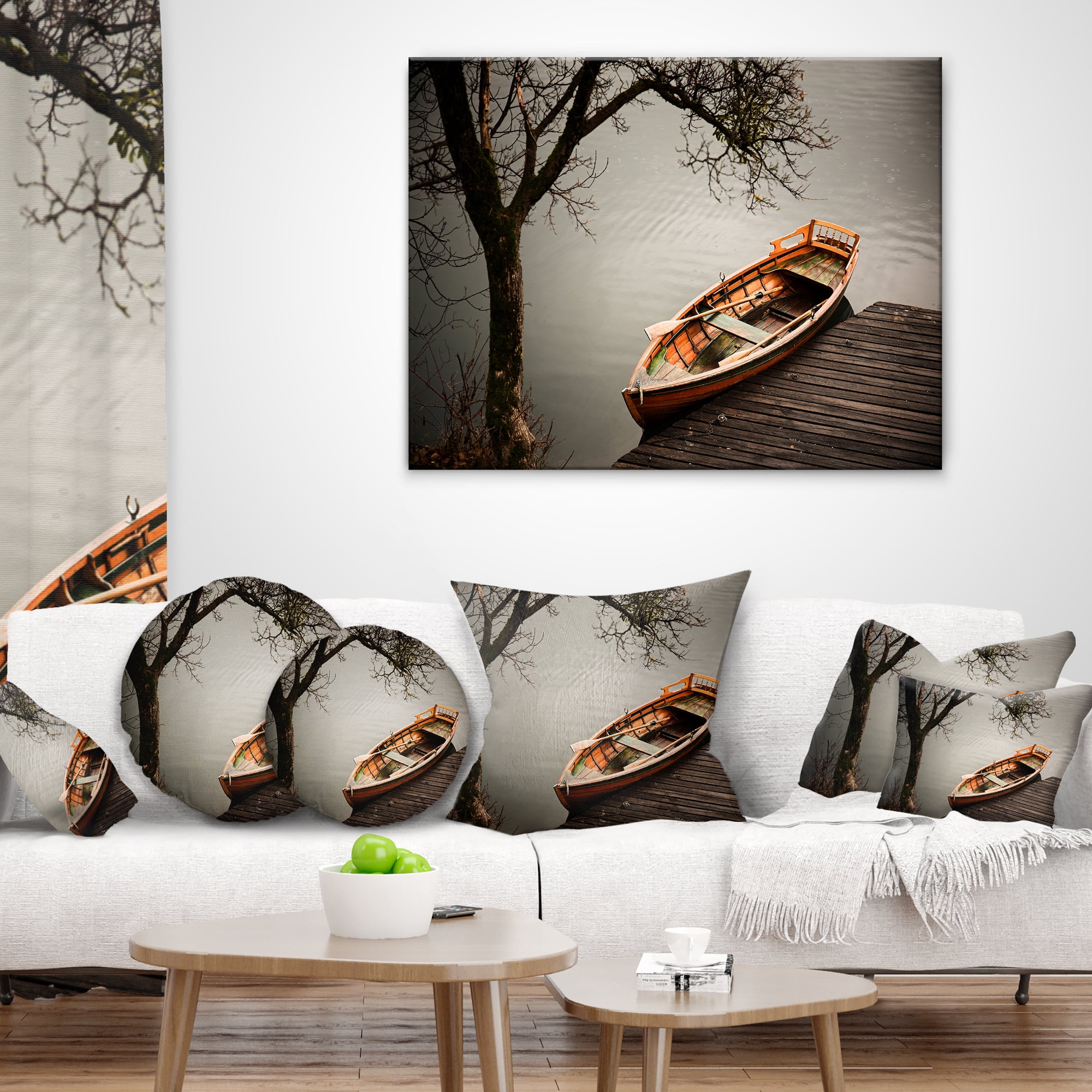 Designart Little Rowing Boat Ferry - Boat Throw Pillow - 16x16