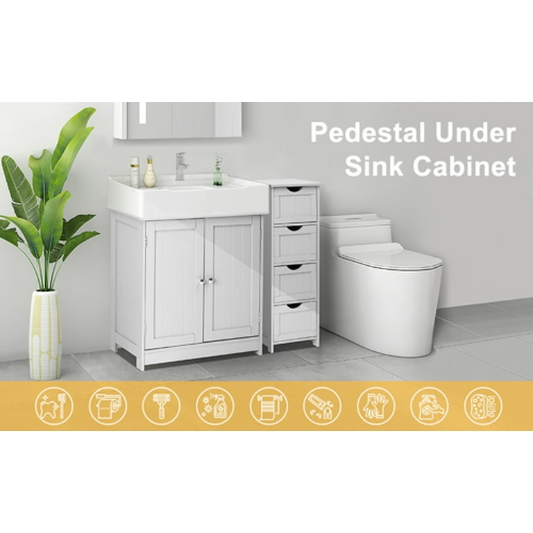 Bonnlo Bathroom Organizer and Storage Wooden Side Bathroom Cabinet with 4  Drawers Free Standing Cabinet White for Bathroom Bedroom Living Room