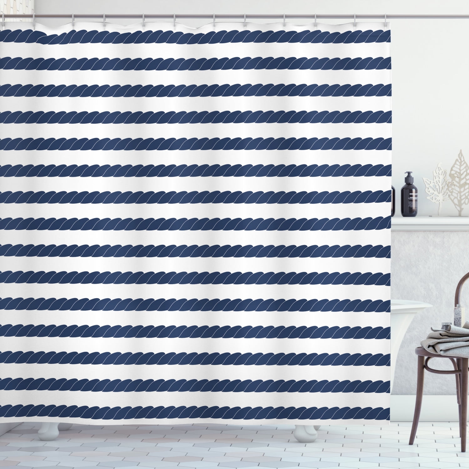 Navy Shower Curtain, Nautical Rope in Horizontal Style Marine Army Sea