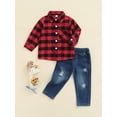 thumbnail image 3 of Bagilaanoe 2Pcs Toddler Baby Boys Christmas Outfits Letter Print Long Sleeve Plaid Shirt Tops + Jeans Denim Trousers 1T 2T 3T 4T 5T 6T Kids Fall Long Pants Set, 3 of 9