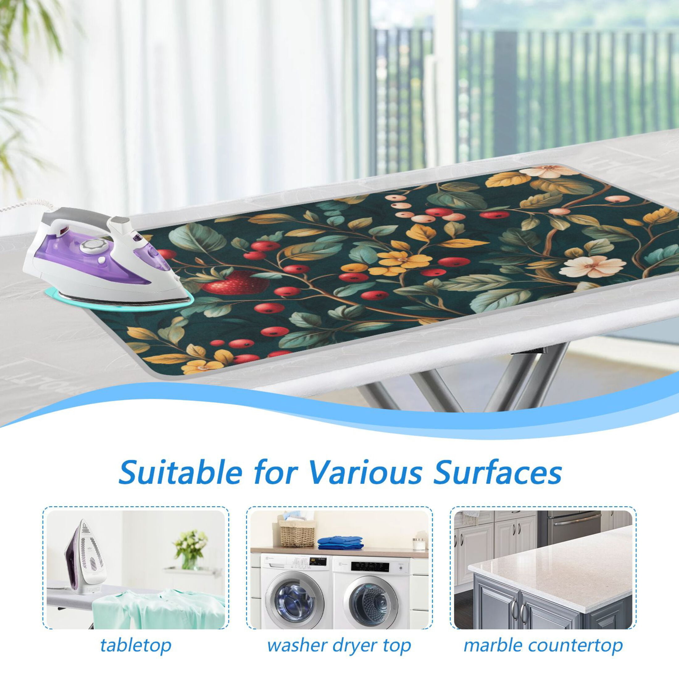 Berries and Flowers on Dark Ironing Mat Blanket for Table Top Travel Portable Ironing Board Pad 47.2x27.6 Inch
