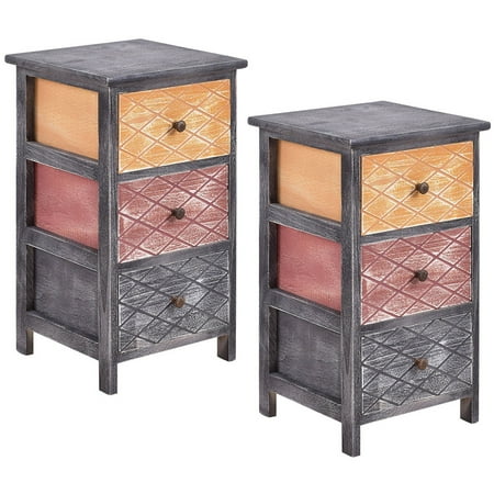 Two Drawer Bed Side Cabinet - Gymax 2PCS Wooden Bedside Nightstand Table 3 Drawers