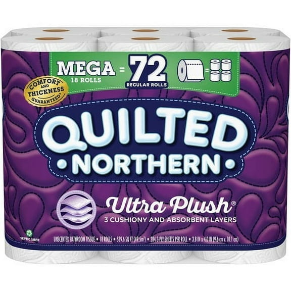 Georgia-Pacific Quilted Northern Plush Bath Tissue 3 Ply - 284 Sheets/Roll - White - Smooth, Soft, Comfortable, Flushable, Septic Safe - 18 Rolls Per Carton - 5112 / Pack