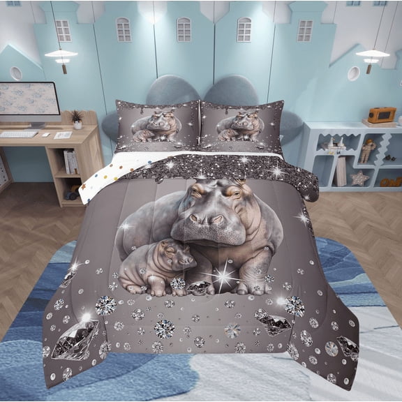 Hippo Comforter Set Grey Sequin Fluid Art Twin Bedding Sets,Crystal Diamond Bed Set Coastal Creature Duvet Set,Animal Room Decor