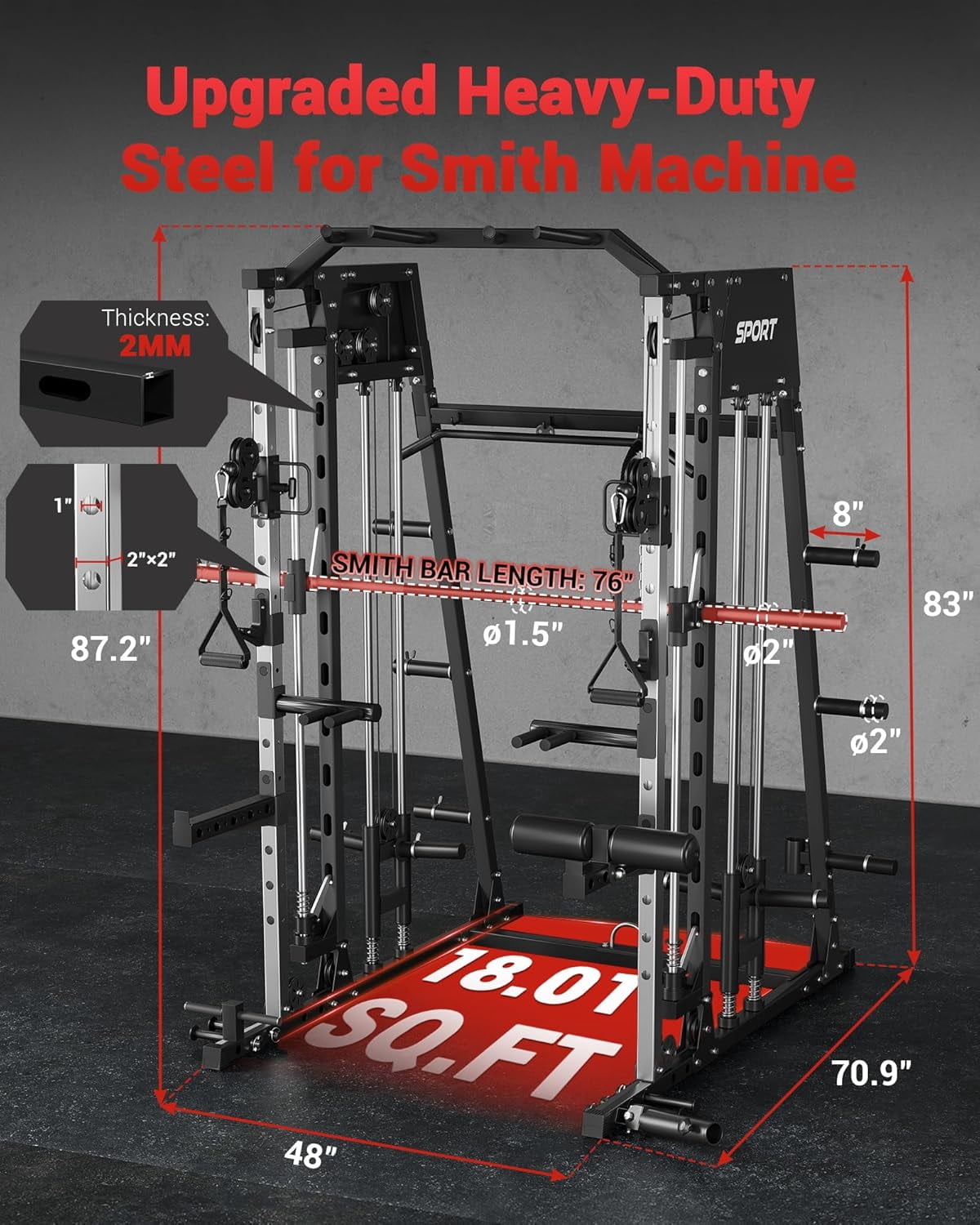 JoanKaren Pro Smith Machine Home Gym,2200 lbs Squat Rack Power Cage Workout Equipmen with Cable Crossover for Full Body Strength Training,Black